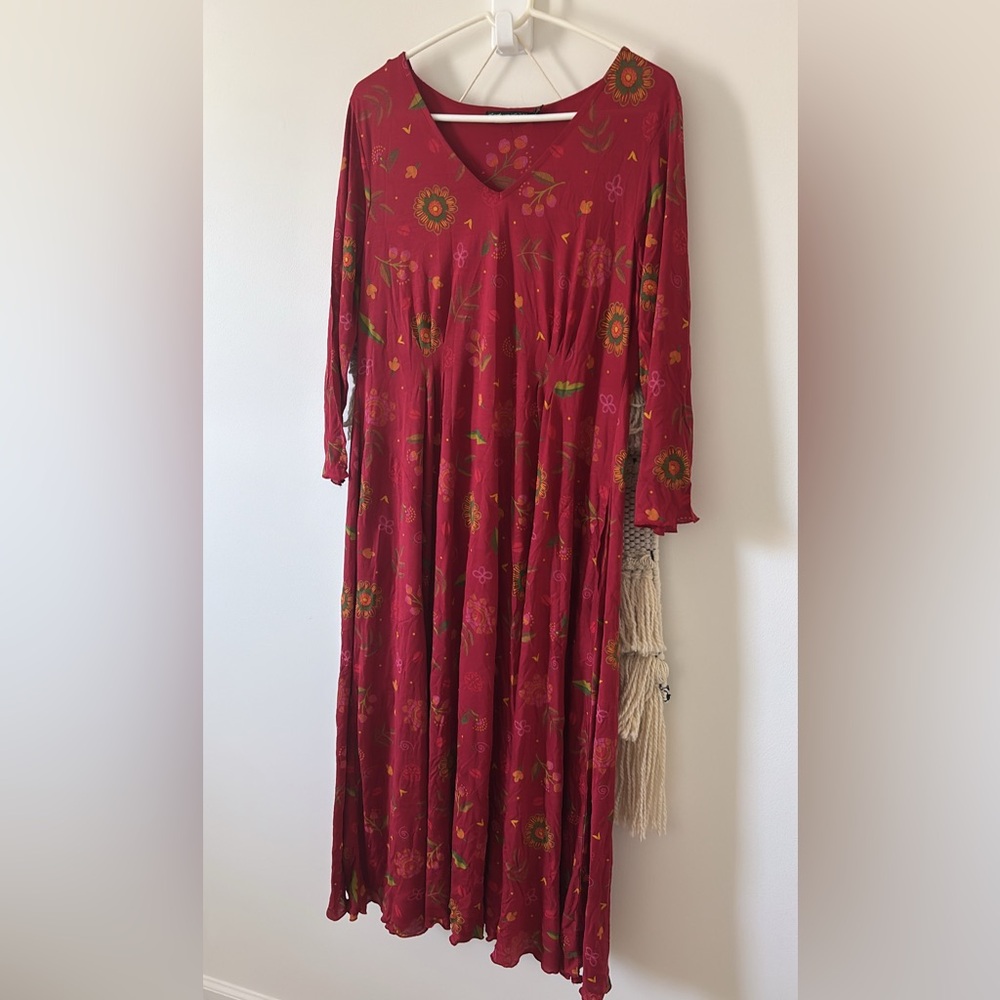 Gudrun Sjoden Long Sleeve Floral Maxi Dress Berry Red Size Medium